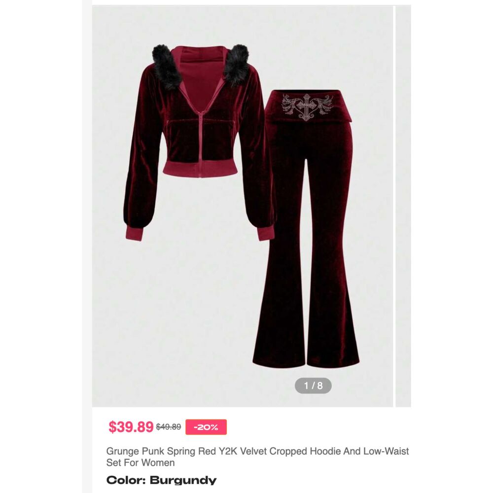 Romwe 2pc velvet velour fur y2k alt grunge 2000s track set jacket flare pants